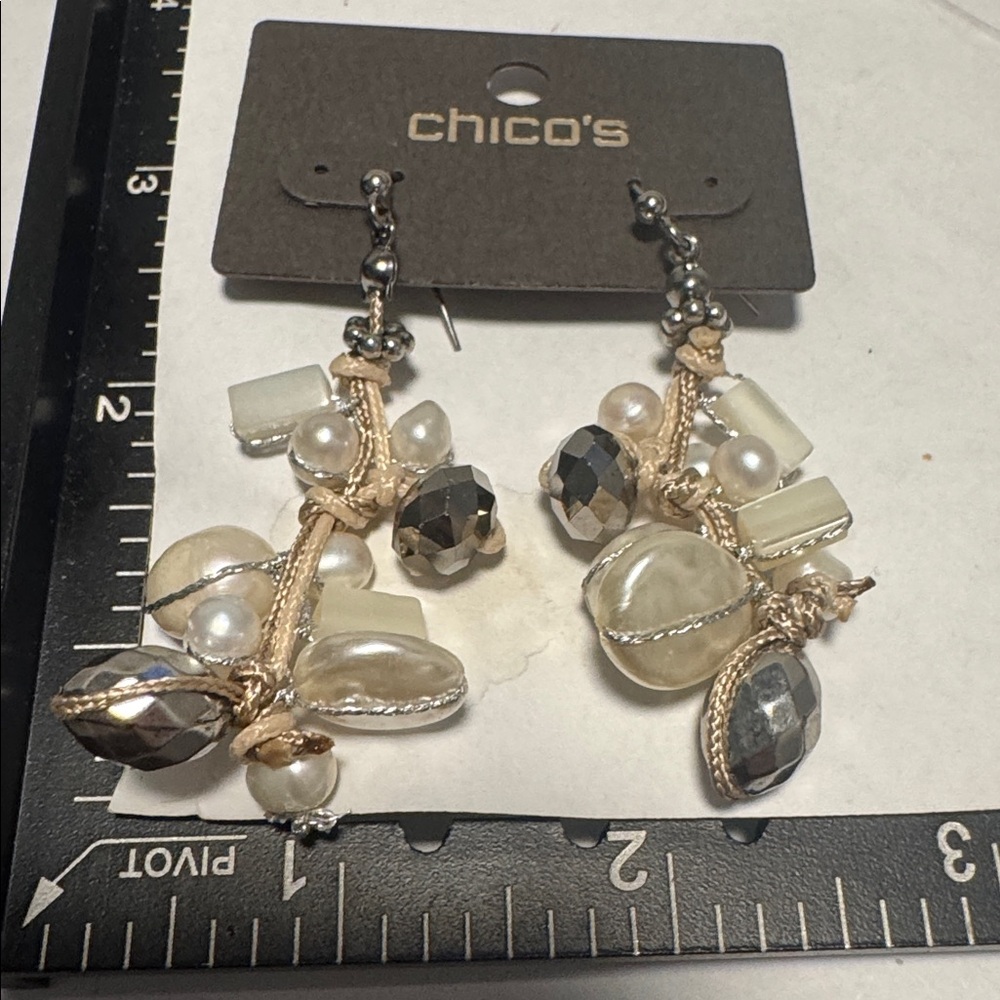 Chico's Cream and Silver Beaded Dangle Earrings (BR777/3) - Picture 3 of 4
